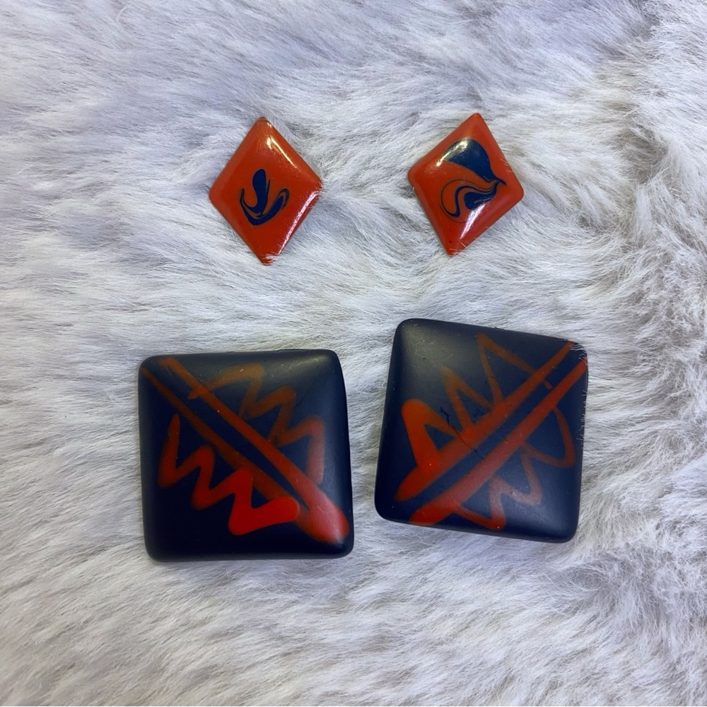 2/$16 Vintage Two Pairs Red / Blue Enamel Swirl Square Post Earrings